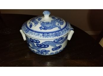 Vintage Asian Blue White Porcelain Double Dragon Rice Soup Casserole Bowl W Lid