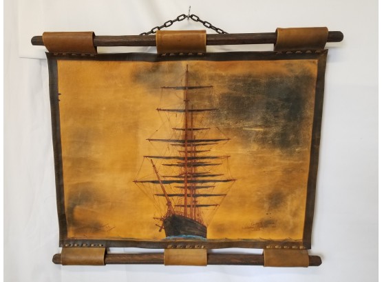 Leather Hanging Scroll Painting Of Cutty Sark Veleiro Ingles De 1869 Signed Glauco 1985 Brazil