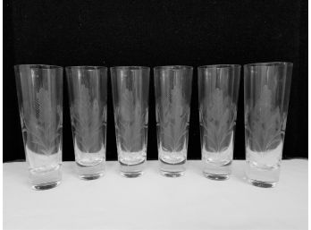 Six Vintage Etched Wheat Heavy Highball Glasses