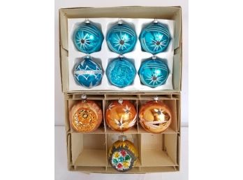 10 Vintage Blue & Orange West Germany Mercury Glass Ball Ornaments - Rare #5