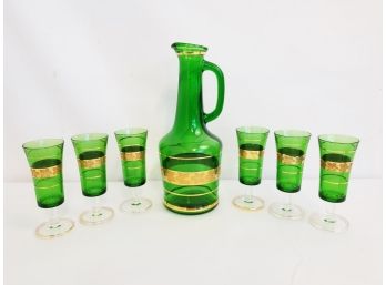 Vintage Mid Century Emerald Green Italian Decanter With Grapevine Grapes Gold Band And 6 Glasses