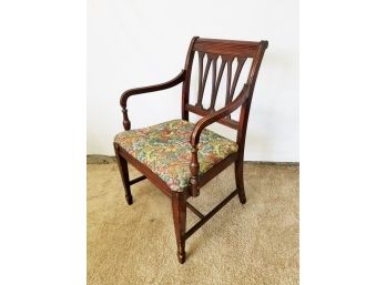Vintage Wood Back With Floral Fabric Seat Dining Room Arm Chair