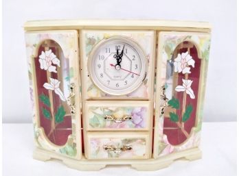 Vintage Music Jewelry  Box With Spinning Ballerina &  Quartz Clock - Rare