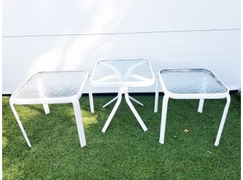 3 Small Square White Steel With Glass Top Outdoor Patio Tables