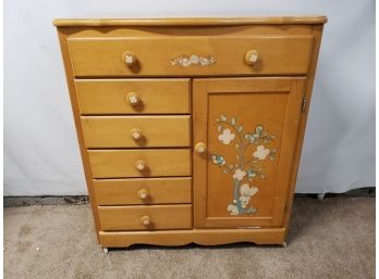 Vintage Wheeled Maple Wood Six Drawer One Door Chest With Floral Decals