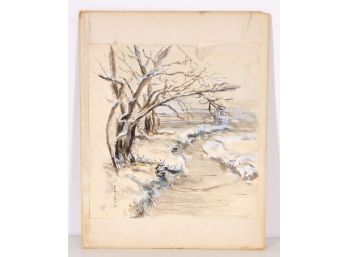 Snowy Landscape Watercolor Painting, Signed Peg Junkin