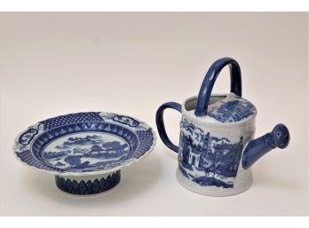 Japanese Blue & White Ceramic Watering Can And Ceramic Cake Dish