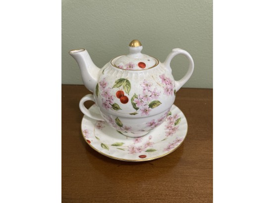 Aynsley Tea Pot And Cup Nestled Together, Fine Bone China Made In England Cherry Blossom