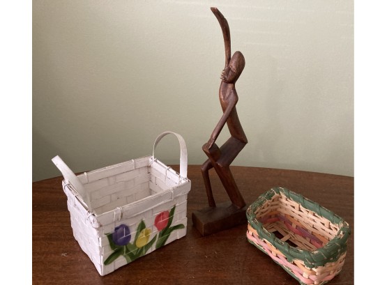 2 Baskets And A Hand Carved Africian Style Wood Carving SIGNED!!