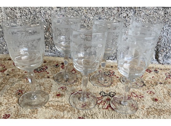 Set 6 Of Very Nice Etched Glass Glasses