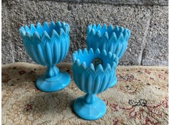 P.V. France Blue Milk Glass Vases By Portieux Vallerysthal Beautiful