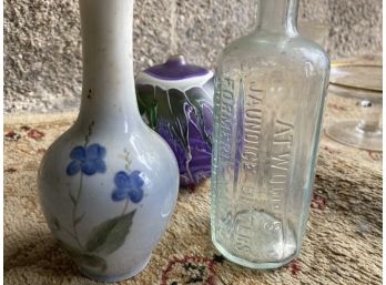 Old Bottle Pretty Vase And A Purple And Green Blown Ornament