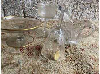 Genuine Lead Crystal Bell Made In West Germany, Crystal Glass, Candy Dish With Gold Trim & A Cut Glass Pitcher