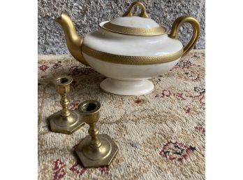 Set Of Brass Candle Sticks And A Coffee/tea Pot *have A Cup Of Tea Or Coffee In Candle Light