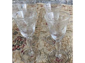 Very Pretty Set Of Etched Glass Cordial Glasses