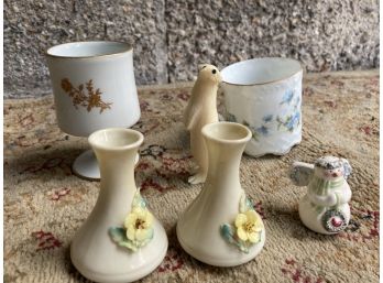 Limognes, 2 Belleek Made In Ireland Bud Vases, And A Couple More.