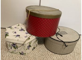 3 Vintage Hat Boxes With A Hat And Scarf.