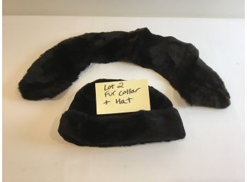 Black Fur Collar And Hat Lot Brown Lining