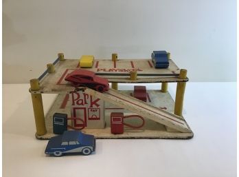 Vintage Playschool Toy Wood Garage And Cars