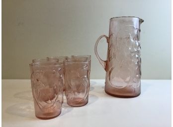 Vintage Fruit Glass Pitcher And Glasses