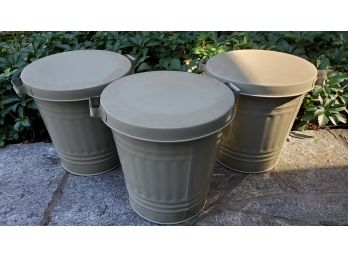 Three Metal Storage Cans With Lids