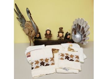 Give Thanks Pilgrim Sign With Turkey Decor And Linen
