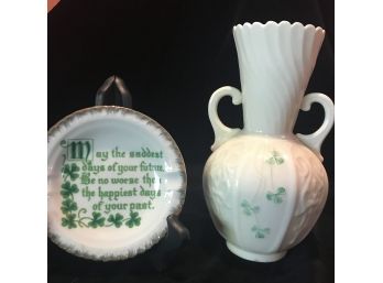 Belleek Ireland Vase And Blessing Plate