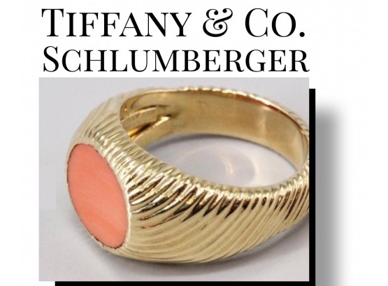 Brand New Handsome Coral/18K Yellow $3500 Gold Men's Ring By Tiffany & Co., Schlumberger, Circa 1970s Size 12