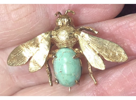 14K Gold Charming Vintage [Bee Bug Wasp Insect] Brooch With A Gorgeous Cabochon Turquoise Abdomen