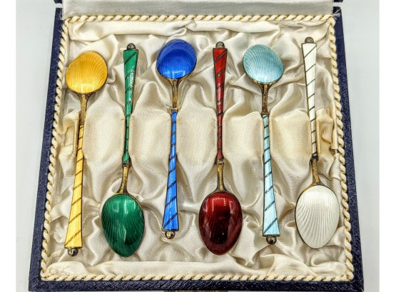 Set 6 Denmark Enameled Colors Sterling Beautiful Demitasse Spoons In Silk Nest/Latched Box