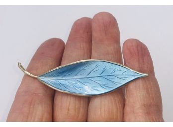 Vintage Sterling Silver David Andersen Blue Enamel Leaf Brooch Norway MINT