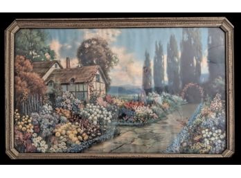Large Framed Under Glass Colorful Cottage In The Flowers Print By R. Akkinson Fox; 32x20'