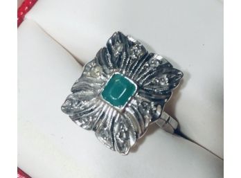 Art Deco Square Cut Bezel Set Emerald & Diamonds White Gold Antique Ring - Size 7
