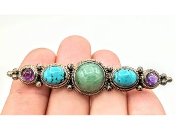 Gorgeous Sterling Silver Brooch With Amethyst Jade And Turquoise Cabochon Stones 2.5'/ 10g