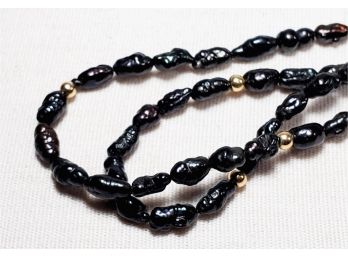 Black Pearl  And Gold Necklace --- 32 Inches