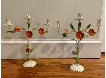 Pair Of Vintage Painted Floral Tole Candelabras