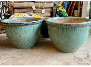 Pair Of Large Terra-cotta Planters With Turquoise Ombré Design