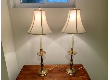 Pair Of Brass Candlestick Lamps With Raw Silk Shades