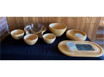 Crate And Barrel Chip Dish And Glass And Wood Salad Dish