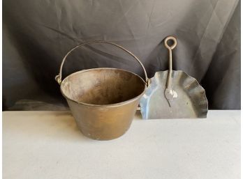 Antique Brass Coal Bucket And Ash Shovel