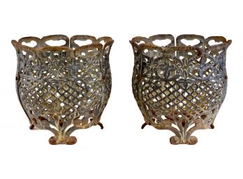 Vintage Pair Of Pierced Reticulated Cast Iron Garden Planters Or Jardinieres