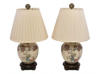 Pair Of Chinese Hand Painted Crackled Table Lamps On Wooden Base
