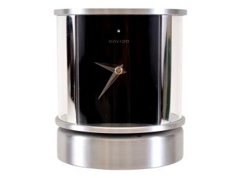 Vintage MOVADO Museum Dial Brushed Stainless Rotating Clock With Thermometer And Humidity Gauge
