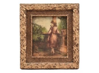 Vintage Framed Etching On Resin Of A Little Girl With A Bird On Her Shoulder