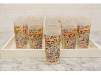Set Of Nineteen Catstudio 2010 'I Love New York' Frosted Glasses And Serving Tray