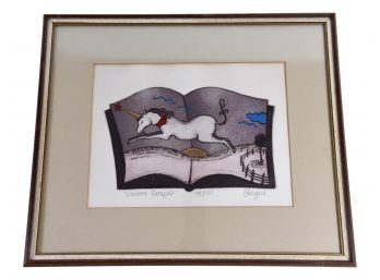 Signed Peter Barger Numbered 49/125 Etching Titled 'Unicorn Escapes' With COA