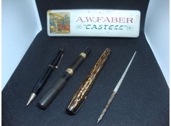 Antique Fountain Pens, Pencil, And Tin