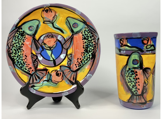 Fish Painted Plate And Wine Cooler