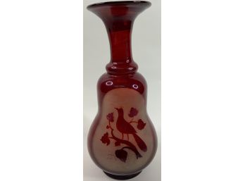 Hand Blown Antique Maroon Etched Glass Vase