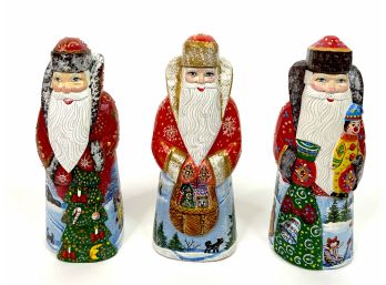 Three Painted Wooden Santas